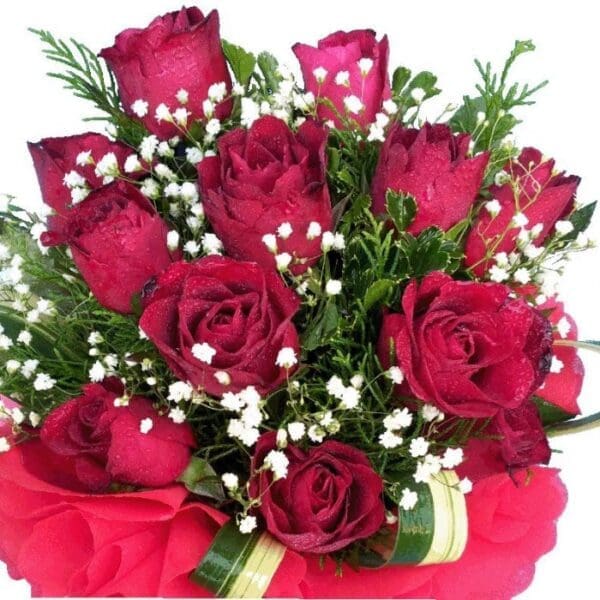 Dozen red Roses in a bouquet, close up