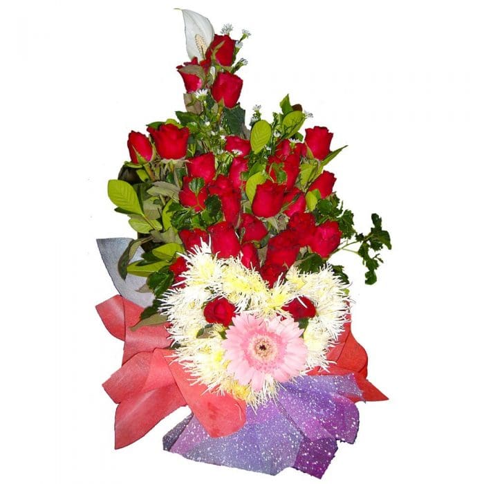 Red roses & a heart shape of flowers in a bouquet