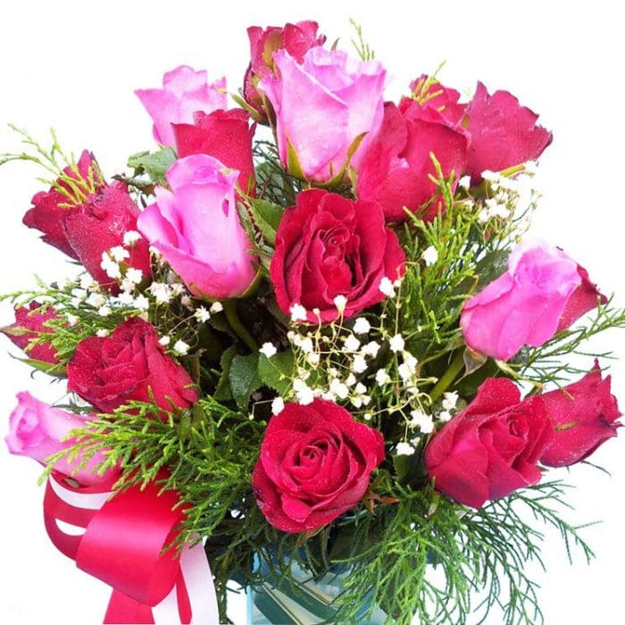 Red & Pink Roses in a Vase close