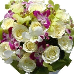 White Roses & Orchids bouquet, close up