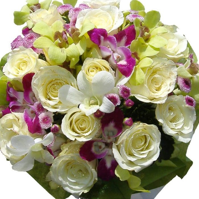 White Roses Orchids Bouquet close