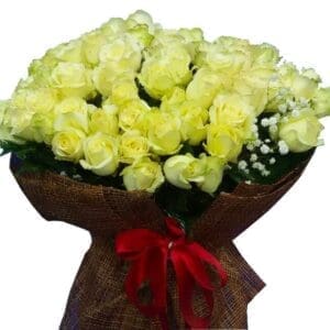 99 White Roses in a large bouquet, close up