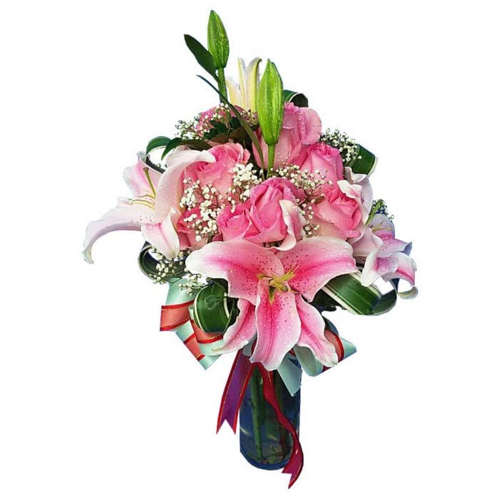 Lilies and pink Roses in a vase