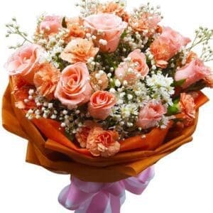 Peach Roses & Carnations in a Bouquet, close up