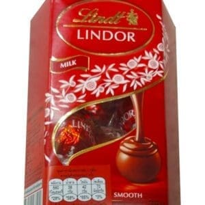 Box of Lindt Lindor Milk Chocolates, 75 grams, close up