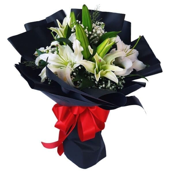 White Lilies Black Wrap Bouquet