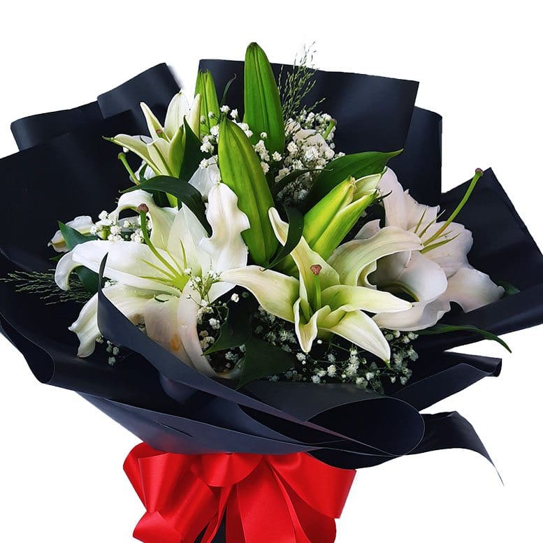 White Lilies Black Wrap Bouquet close