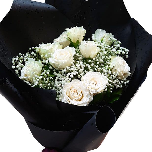 White Rose Black Wrap Bouquet close