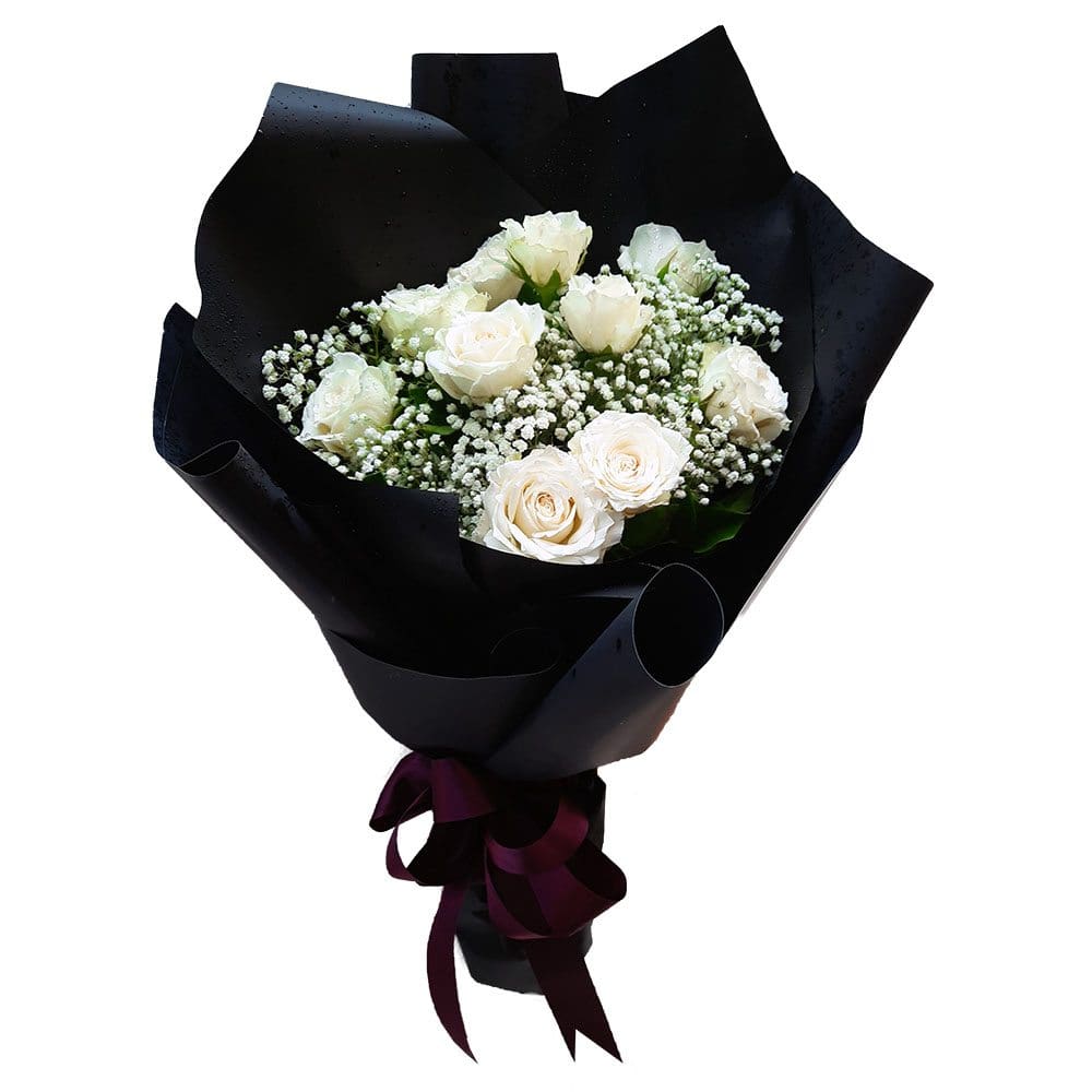 White Rose Black Wrap Bouquet