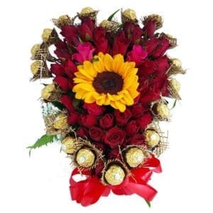 Chocolates, Red Roses and Sunflower Heart Basket